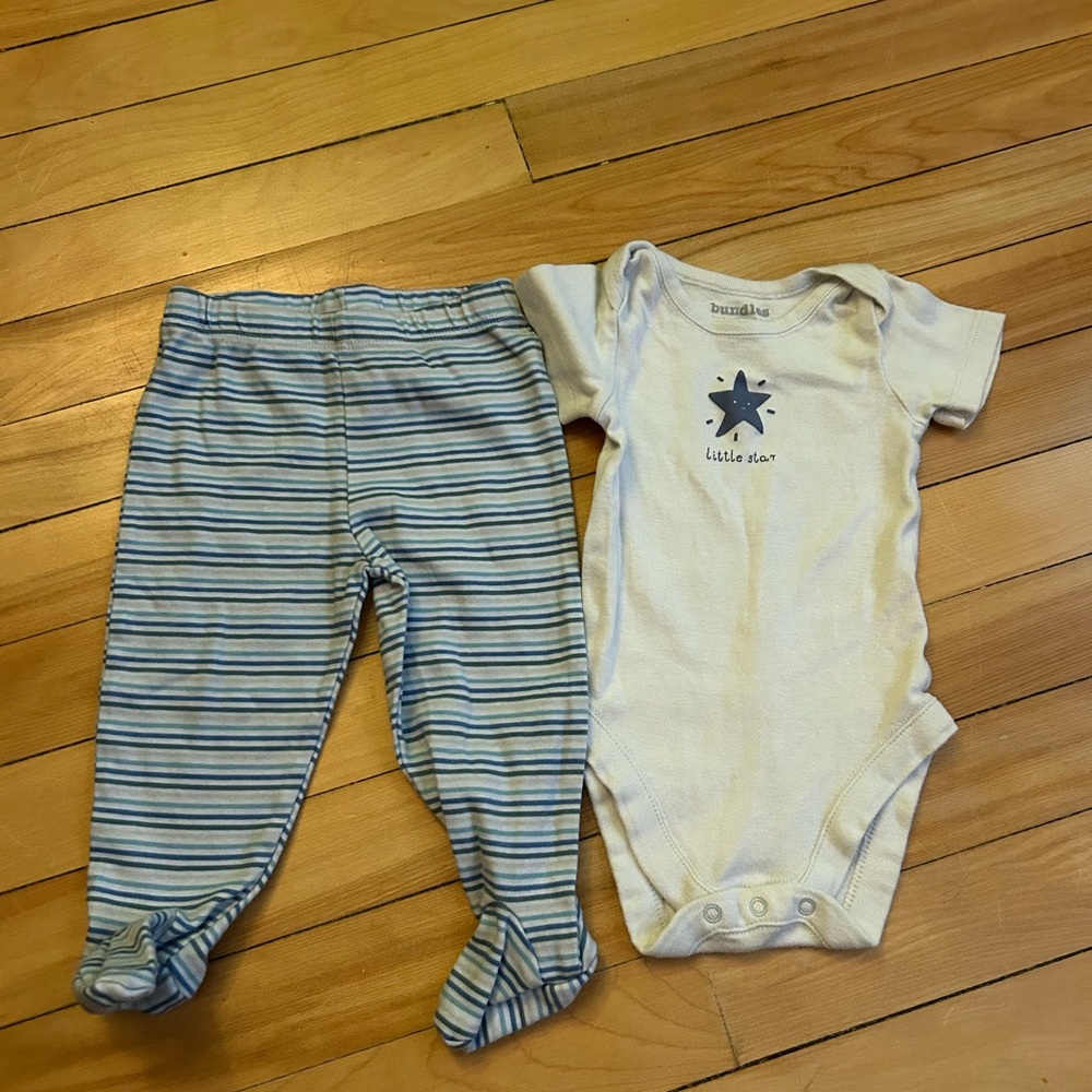 Blue Bodysuit with Navy Star & Blue-Striped Footed Pants Baby Set